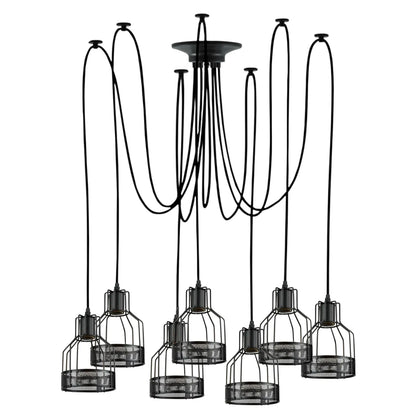 7 Light Spider Pendant – Black Birdcage Shades, 2 m Cables, E27