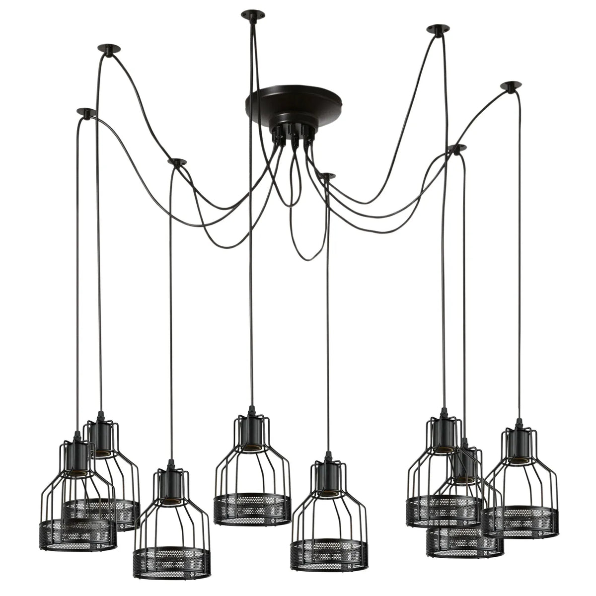 8 Light Spider Pendant – Black Birdcage Shades, 2 m Cables, E27