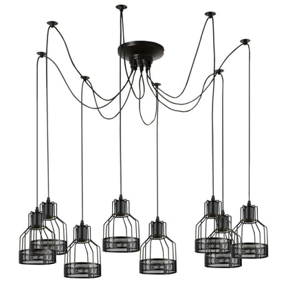 8 Light Spider Pendant – Black Birdcage Shades, 2 m Cables, E27