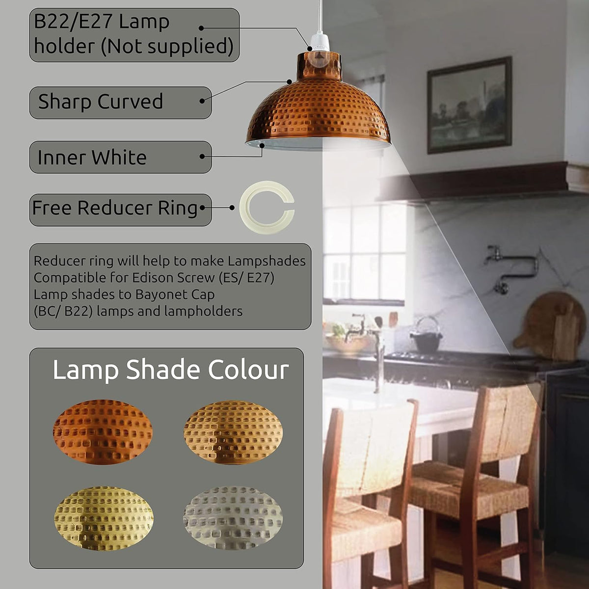 Hammered Dome Lamp Shade 26 cm – Easy Fit, 4 Metal Finishes - photo 5