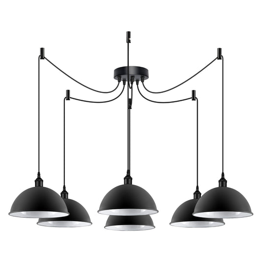 6-Light Spider Pendant – Black Cone or Dome Shades, E27 - Black, Dome 30 cm Black & White Inner, Without Bulb