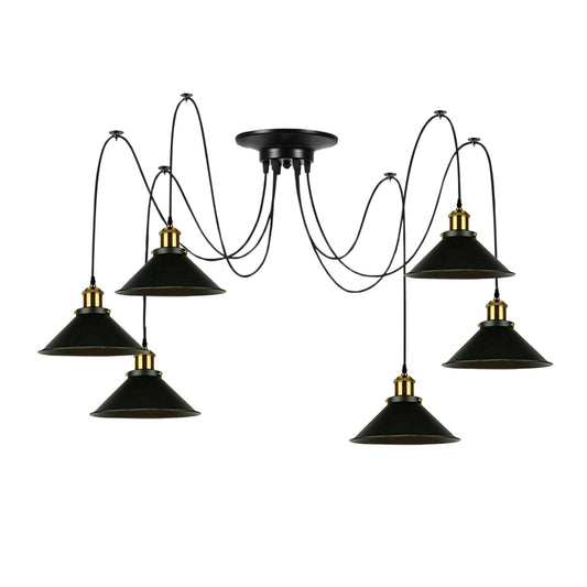 6-Light Spider Pendant – Black Cone or Dome Shades, E27 - Yellow Brass, Flat Cone 22 cm Black, Without Bulb