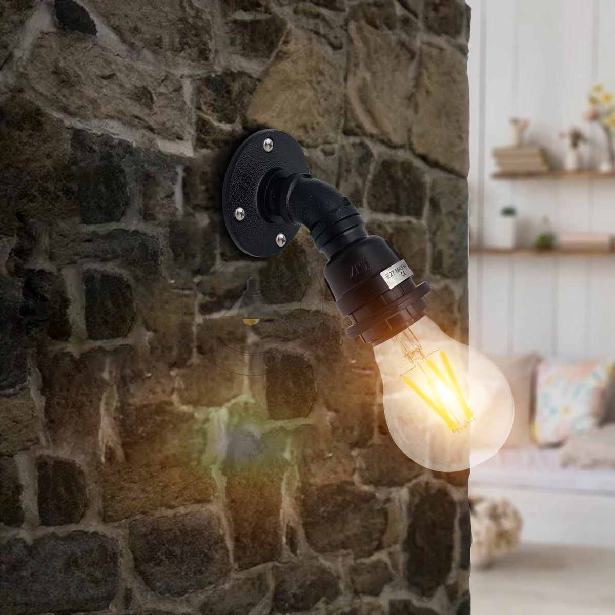 Water Pipe Wall Light Holder – Black, E27, Wall or Ceiling - photo 2