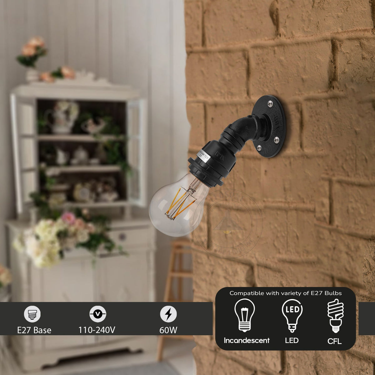 Water Pipe Wall Light Holder – Black, E27, Wall or Ceiling - photo 3