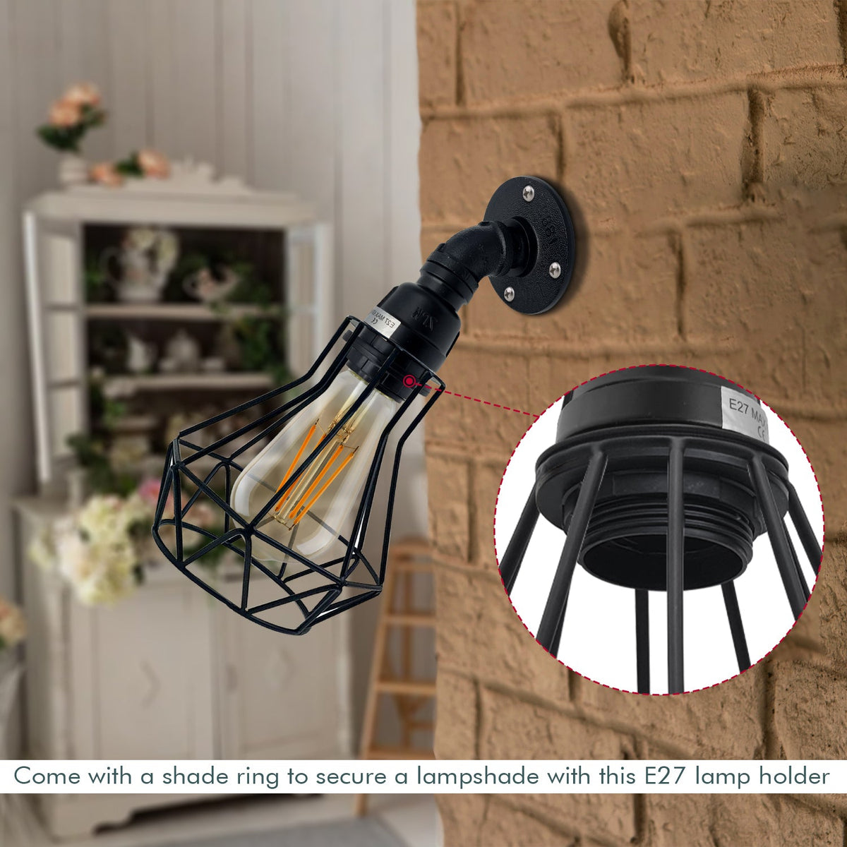 Water Pipe Wall Light Holder – Black, E27, Wall or Ceiling - photo 7
