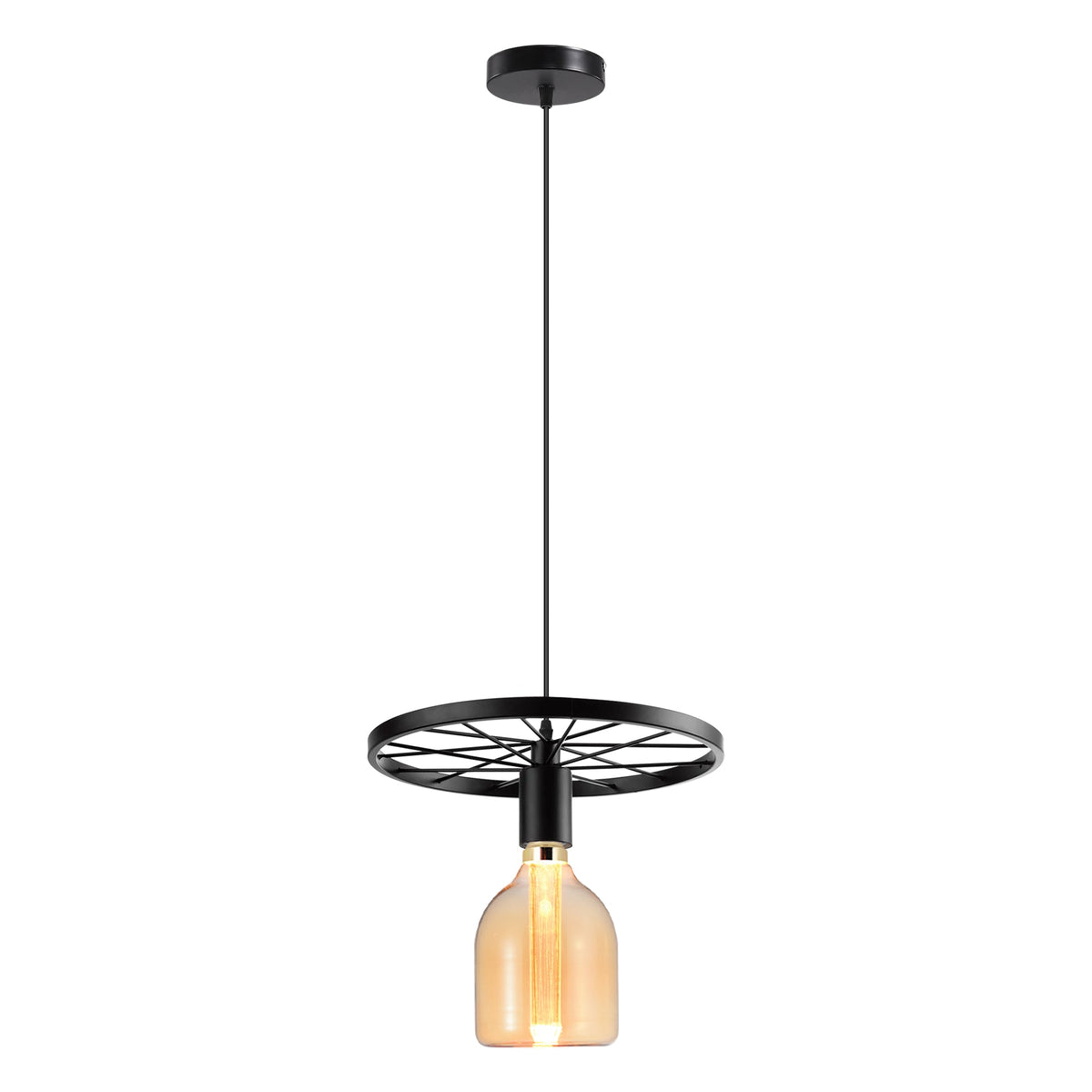 Wagon Wheel Pendant Light – 30 cm, E27, 5 Finishes - Black, No Shade, ED110 LED Bulb 3W