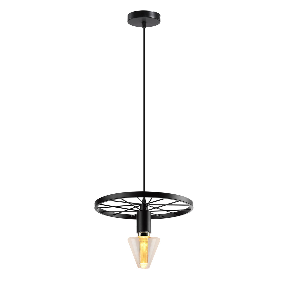 Wagon Wheel Pendant Light – 30 cm, E27, 5 Finishes - Black, No Shade, ED95 LED Bulb 3W