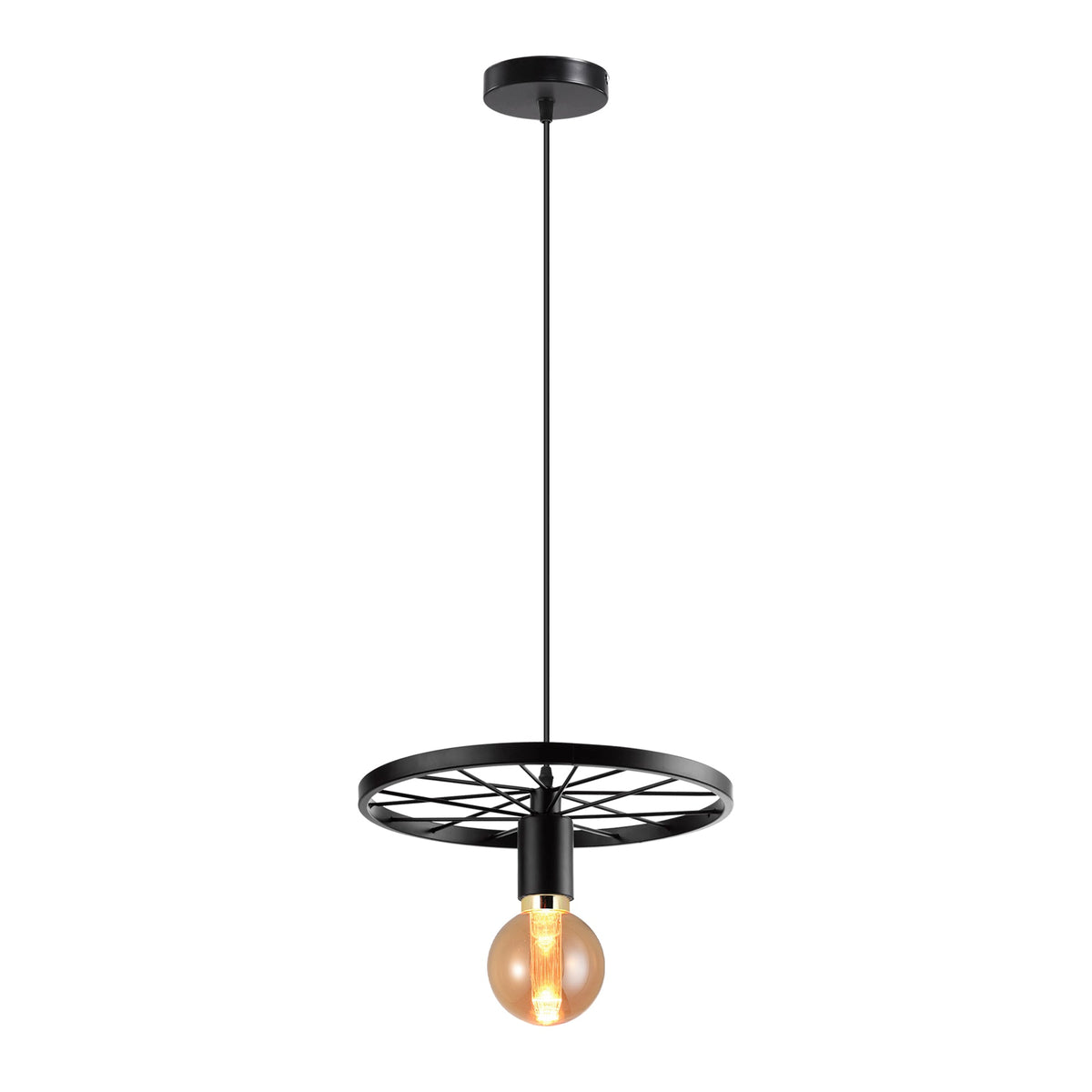 Wagon Wheel Pendant Light – 30 cm, E27, 5 Finishes - Black, No Shade, EG80 LED Bulb 3W