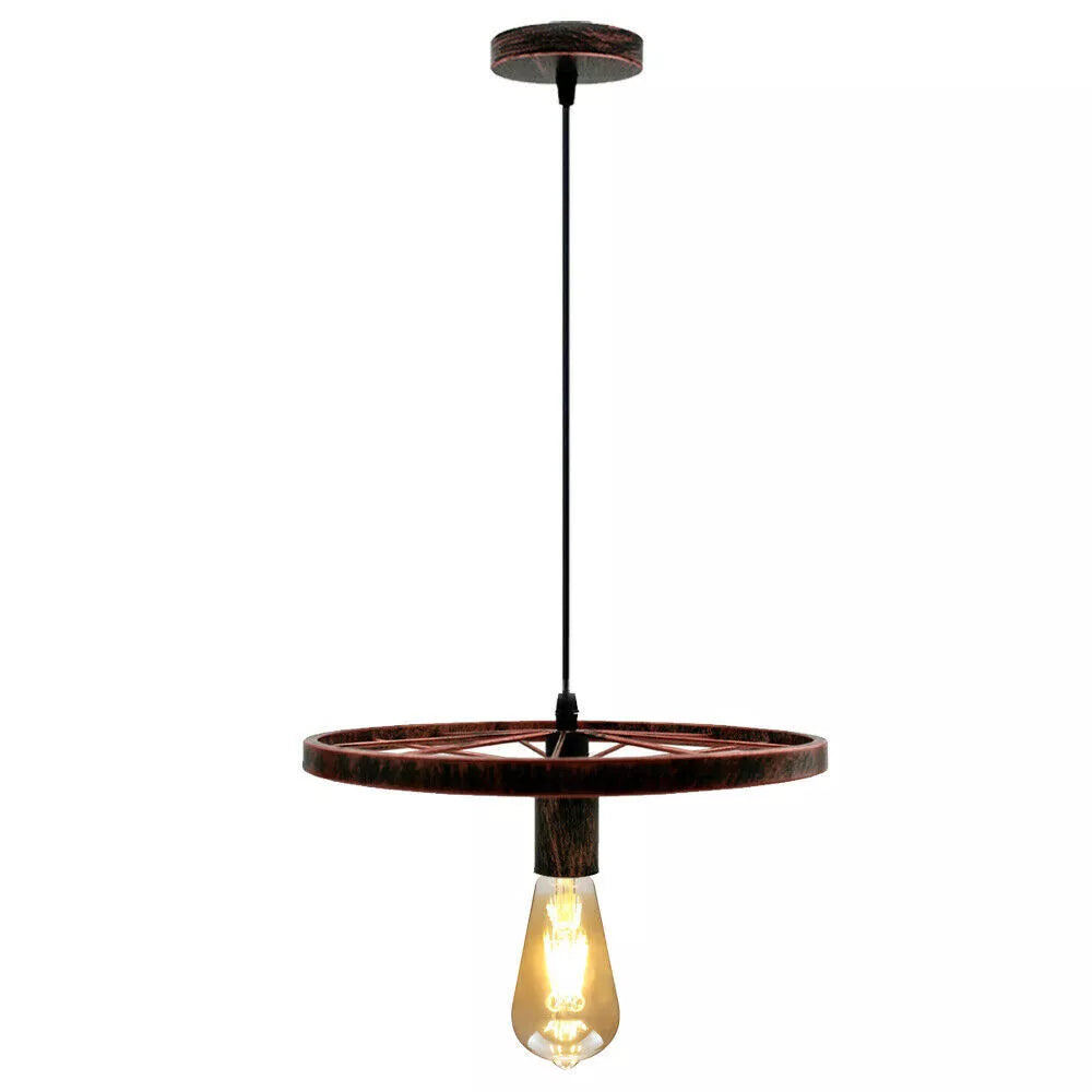 Wagon Wheel Pendant Light – 30 cm, E27, 5 Finishes - Rustic Red, No Shade, ST64 LED Bulb 4W