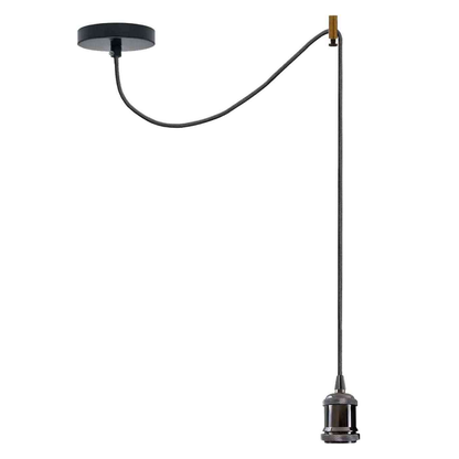 Swag or Pulley Pendant Light – 2 m Cable, Hook or Rise & Fall Dome, E27 - Without Bulb, Shiny Black, Swag with Brass Hook