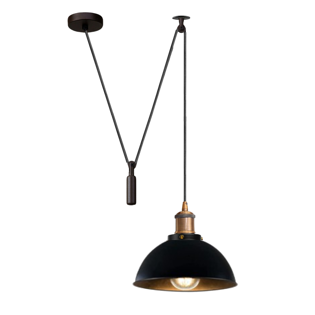 Swag or Pulley Pendant Light – 2 m Cable, Hook or Rise & Fall Dome, E27 - Without Bulb, Yellow Brass, Pulley, Dome 21 cm Black & Gold