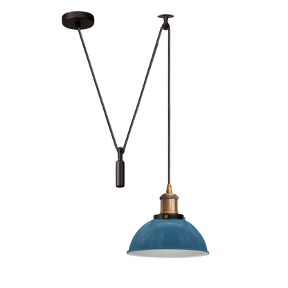 Swag or Pulley Pendant Light – 2 m Cable, Hook or Rise & Fall Dome, E27 - Without Bulb, Yellow Brass, Pulley, Dome 21 cm Cyan Blue