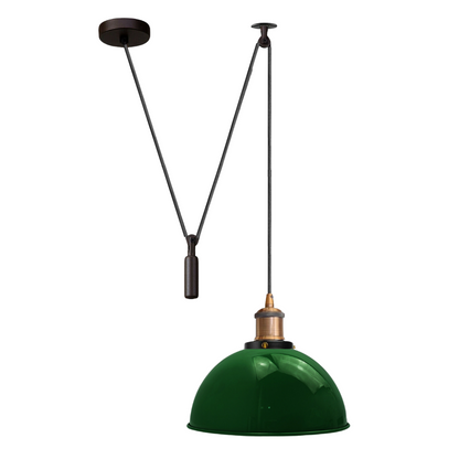 Swag or Pulley Pendant Light – 2 m Cable, Hook or Rise & Fall Dome, E27 - Without Bulb, Yellow Brass, Pulley, Dome 21 cm Green