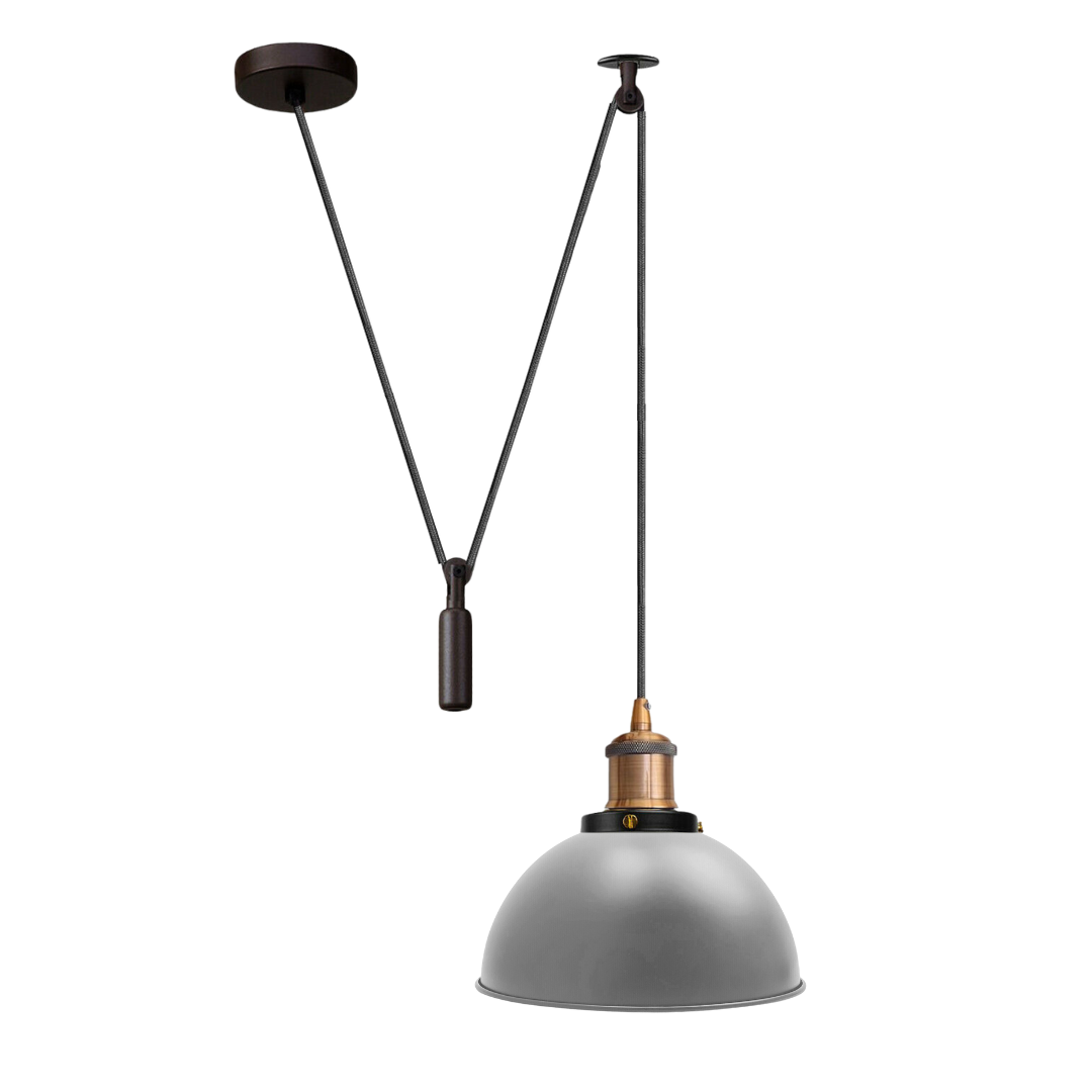 Swag or Pulley Pendant Light – 2 m Cable, Hook or Rise & Fall Dome, E27 - Without Bulb, Yellow Brass, Pulley, Dome 21 cm Grey