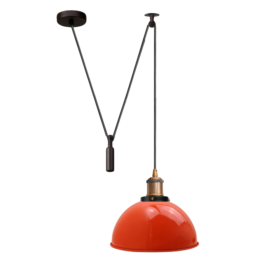 Swag or Pulley Pendant Light – 2 m Cable, Hook or Rise & Fall Dome, E27 - Without Bulb, Yellow Brass, Pulley, Dome 21 cm Orange