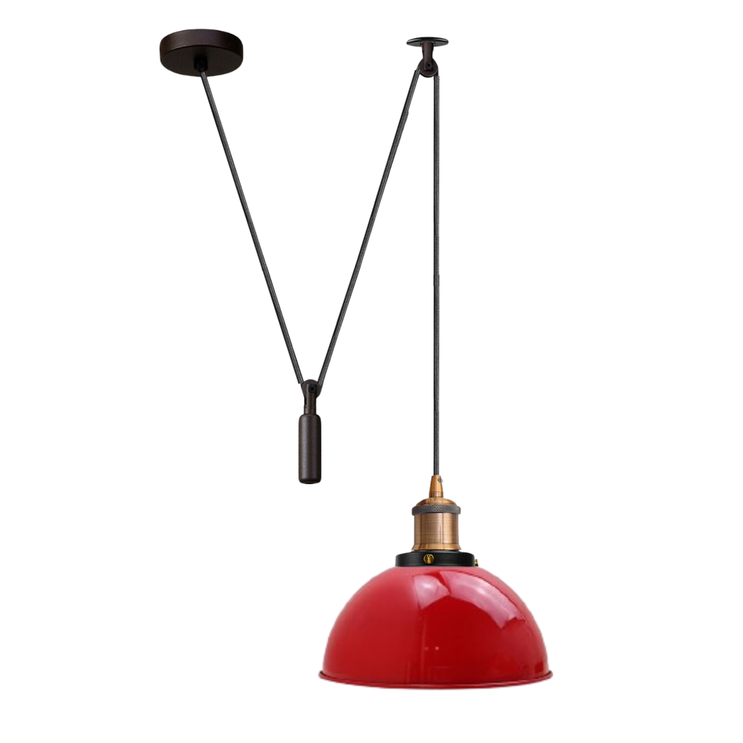 Swag or Pulley Pendant Light – 2 m Cable, Hook or Rise & Fall Dome, E27 - Without Bulb, Yellow Brass, Pulley, Dome 21 cm Red