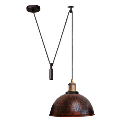 Swag or Pulley Pendant Light – 2 m Cable, Hook or Rise & Fall Dome, E27 - Without Bulb, Yellow Brass, Pulley, Dome 21 cm Rustic Red