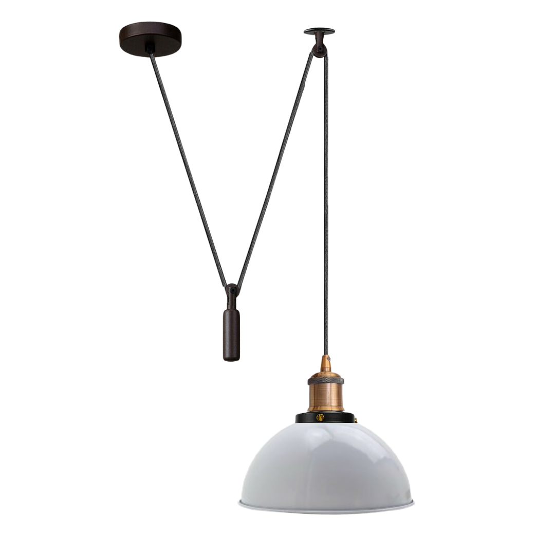 Swag or Pulley Pendant Light – 2 m Cable, Hook or Rise & Fall Dome, E27 - Without Bulb, Yellow Brass, Pulley, Dome 21 cm White