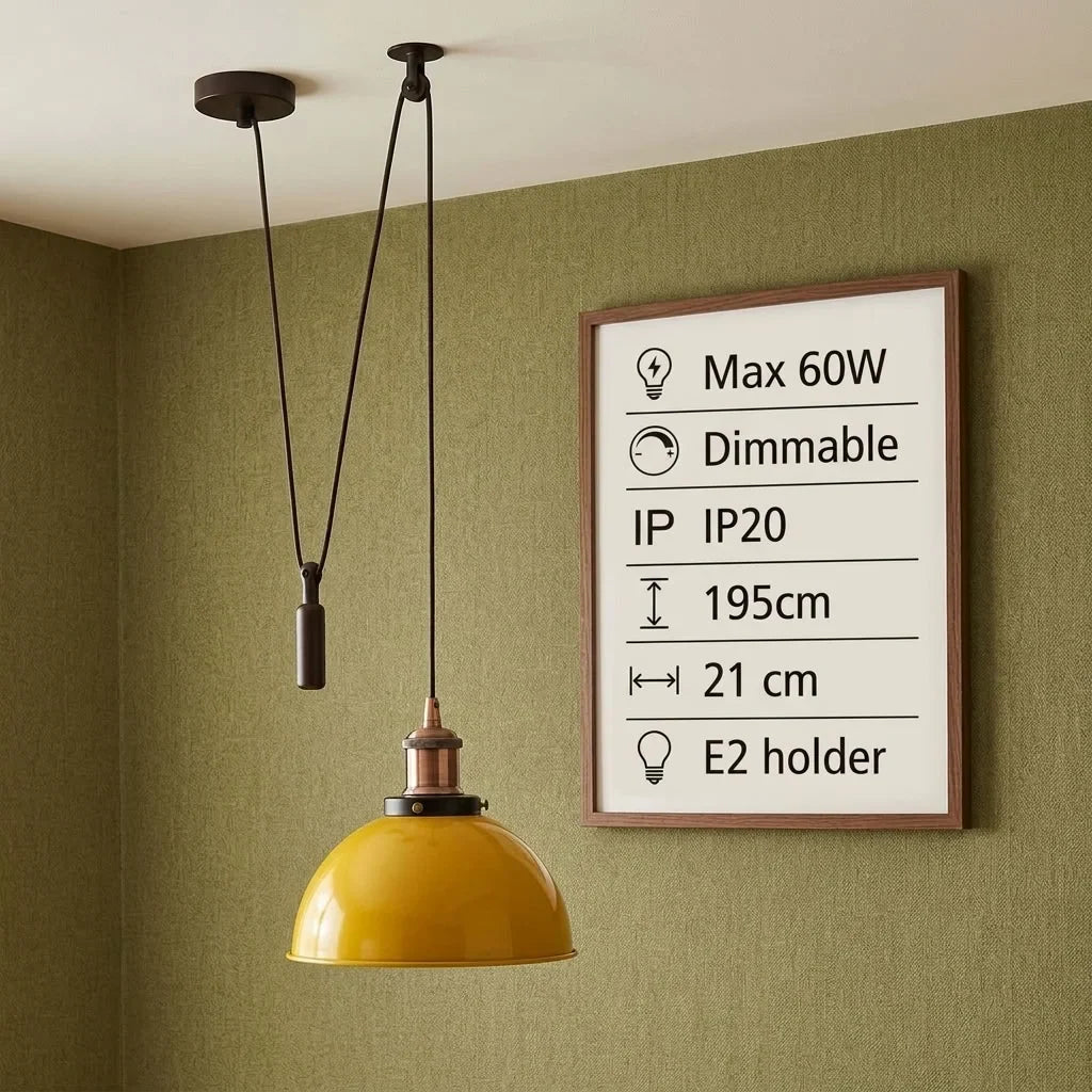 Swag or Pulley Pendant Light – 2 m Cable, Hook or Rise & Fall Dome, E27 - Without Bulb, Yellow Brass, Pulley, Dome 21 cm Yellow