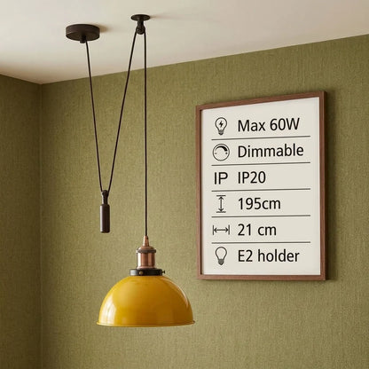Swag or Pulley Pendant Light – 2 m Cable, Hook or Rise & Fall Dome, E27 - Without Bulb, Yellow Brass, Pulley, Dome 21 cm Yellow