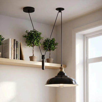 Rise and Fall Pendant Light – 32 cm Gloss Metal Shade, 10 Colours - Yellow Brass, Gloss Metal 32 cm Black & White Inner, Without Bulb