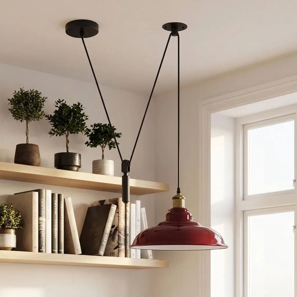 Rise and Fall Pendant Light – 32 cm Gloss Metal Shade, 10 Colours - Yellow Brass, Gloss Metal 32 cm Burgundy, Without Bulb