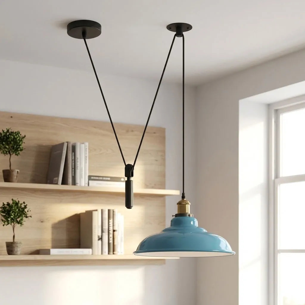 Rise and Fall Pendant Light – 32 cm Gloss Metal Shade, 10 Colours - Yellow Brass, Gloss Metal 32 cm Cyan Blue, Without Bulb