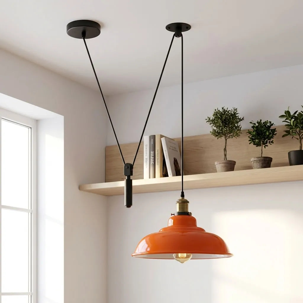Rise and Fall Pendant Light – 32 cm Gloss Metal Shade, 10 Colours - Yellow Brass, Gloss Metal 32 cm Orange, Without Bulb