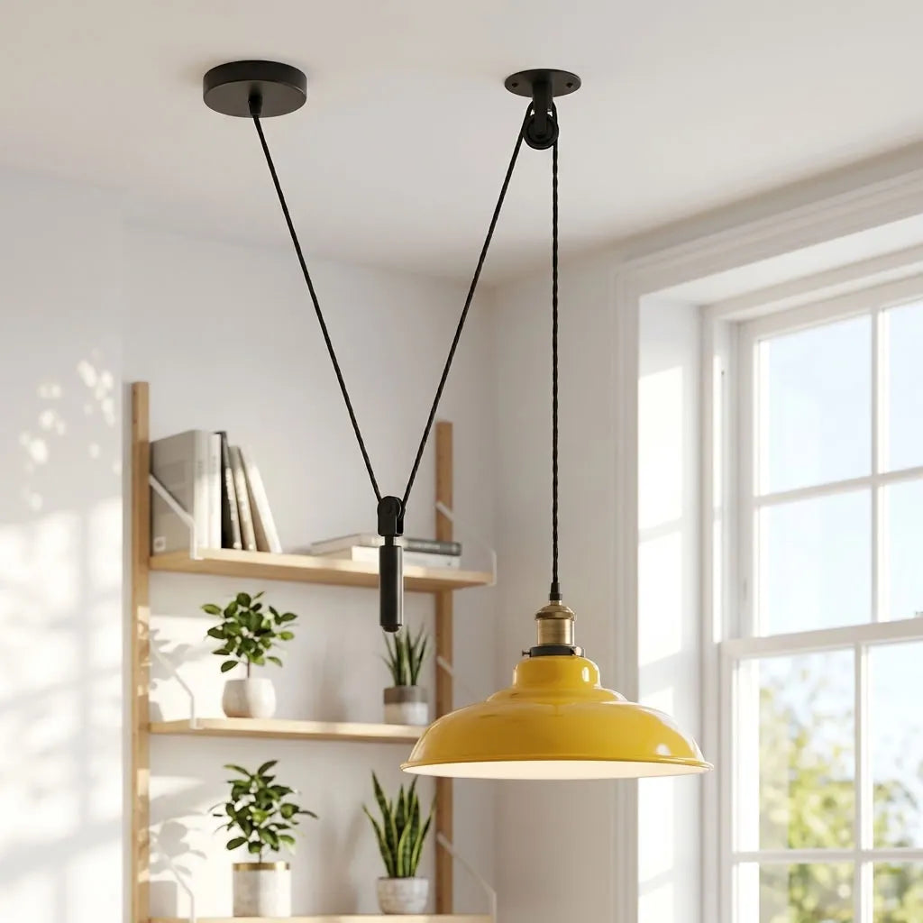 Rise and Fall Pendant Light – 32 cm Gloss Metal Shade, 10 Colours - Yellow Brass, Gloss Metal 32 cm Yellow, Without Bulb