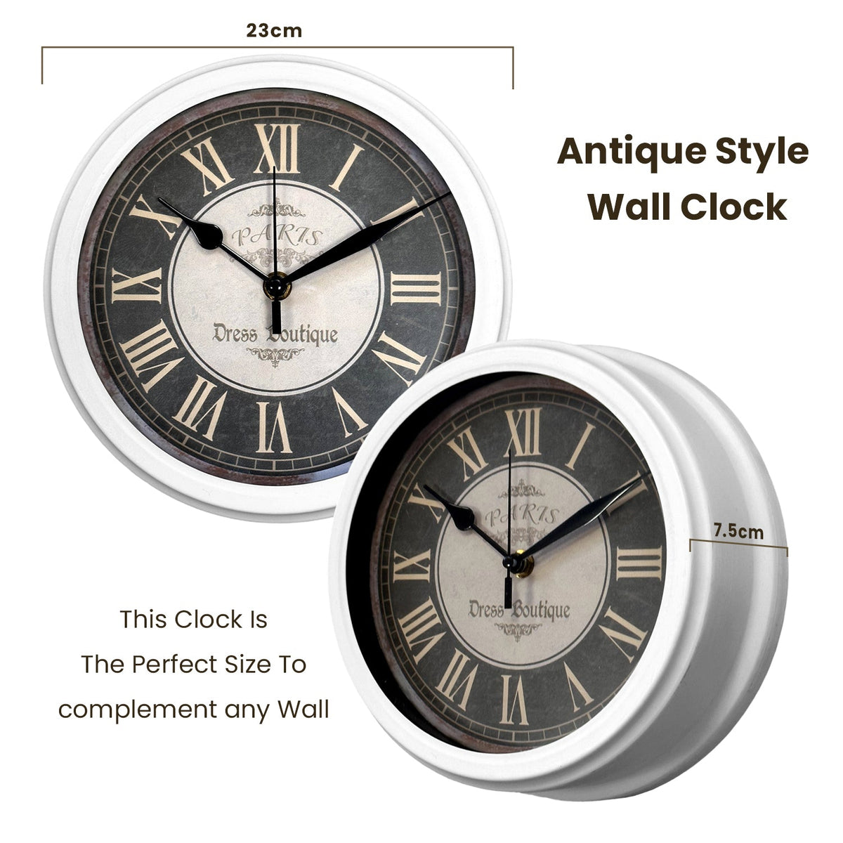 Vintage Roman Numeral Wall Clock – 23 cm, White Frame, Dark Dial - photo 4