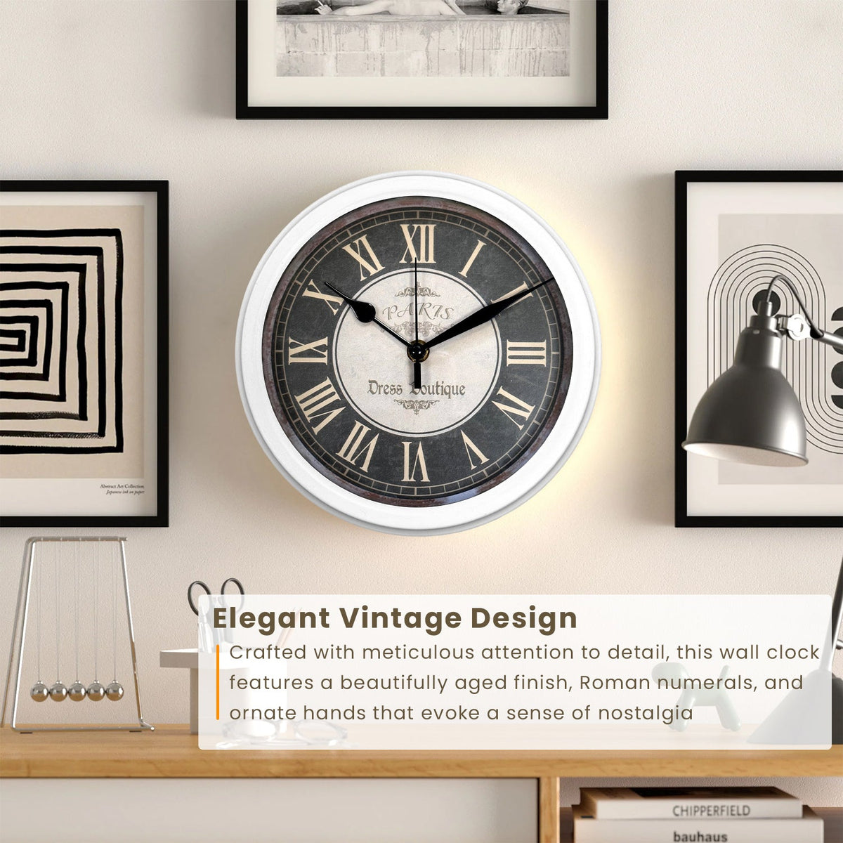Vintage Roman Numeral Wall Clock – 23 cm, White Frame, Dark Dial - photo 7