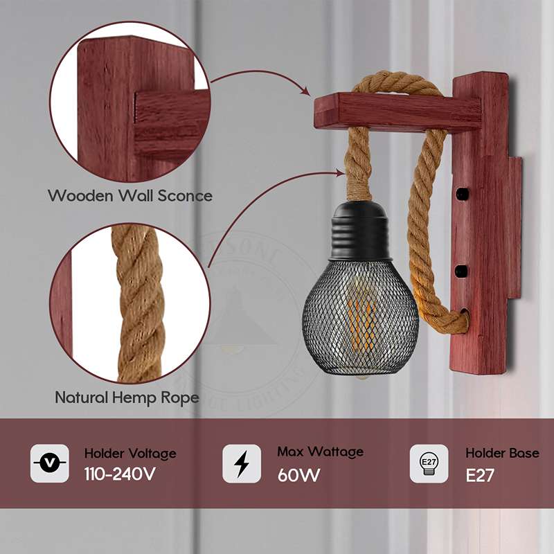 Rope & Wood Wall Light with Mesh Cage – Hemp, E27 - photo 3