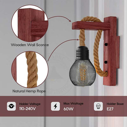 Rope & Wood Wall Light with Mesh Cage – Hemp, E27 - photo 3