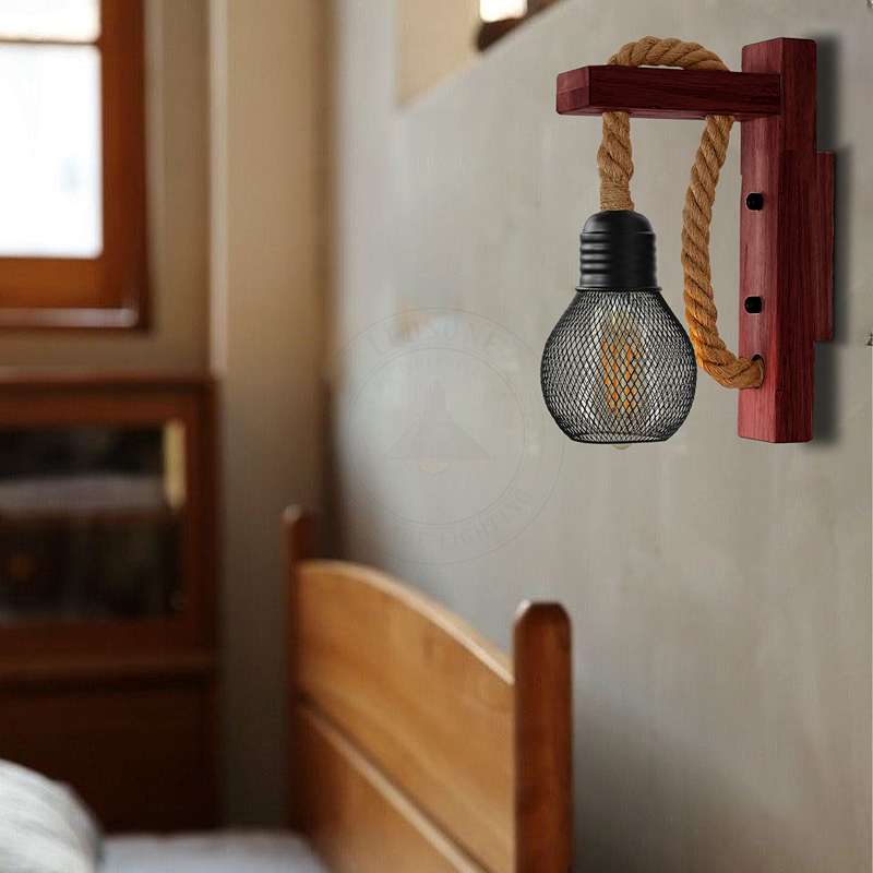 Rope & Wood Wall Light with Mesh Cage – Hemp, E27 - photo 4