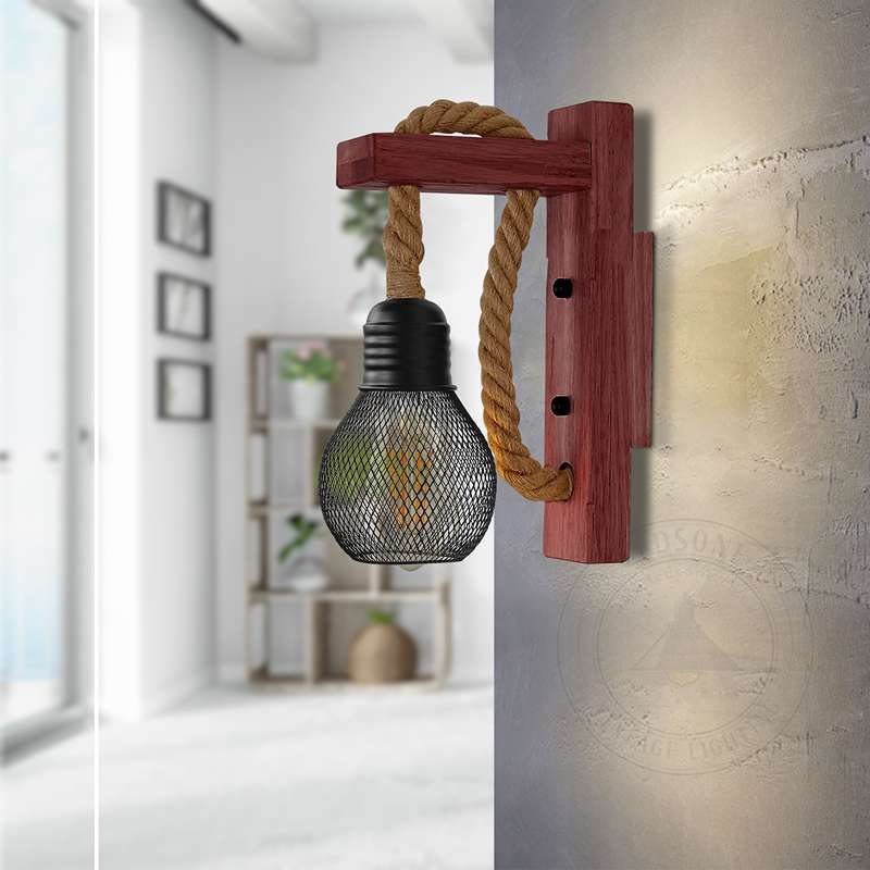 Rope & Wood Wall Light with Mesh Cage – Hemp, E27 - photo 5