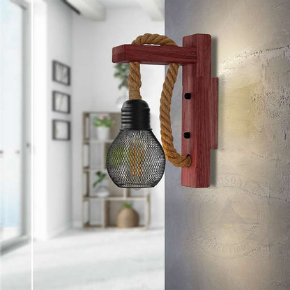 Rope & Wood Wall Light with Mesh Cage – Hemp, E27 - photo 5