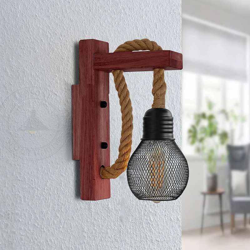 Rope & Wood Wall Light with Mesh Cage – Hemp, E27 - photo 7