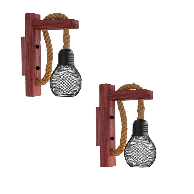 Rope & Wood Wall Light with Mesh Cage – Hemp, E27 - Without Bulb, Hemp, Pack of 2