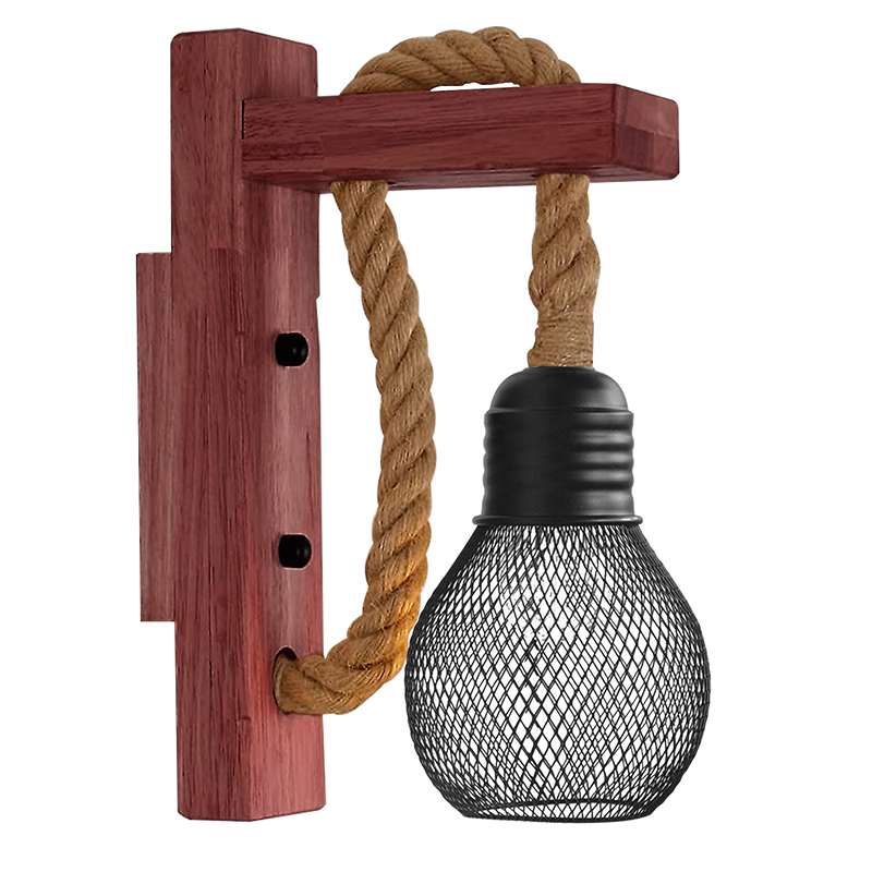 Rope & Wood Wall Light with Mesh Cage – Hemp, E27 - Without Bulb, Hemp, Single