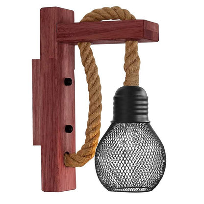 Rope & Wood Wall Light with Mesh Cage – Hemp, E27 - Without Bulb, Hemp, Single