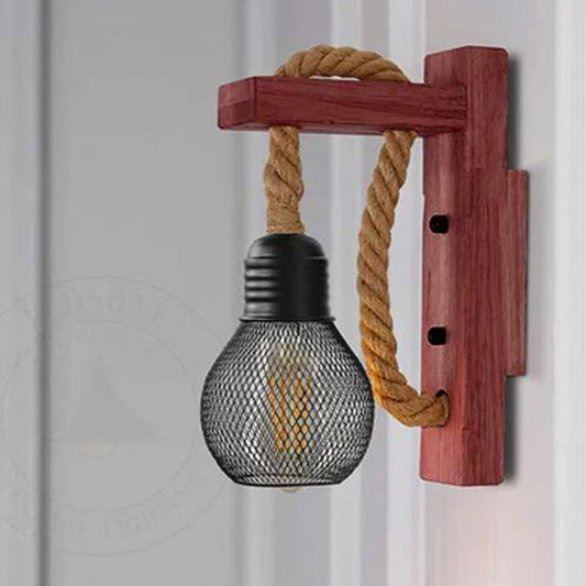 Rope & Wood Wall Light with Mesh Cage – Hemp, E27