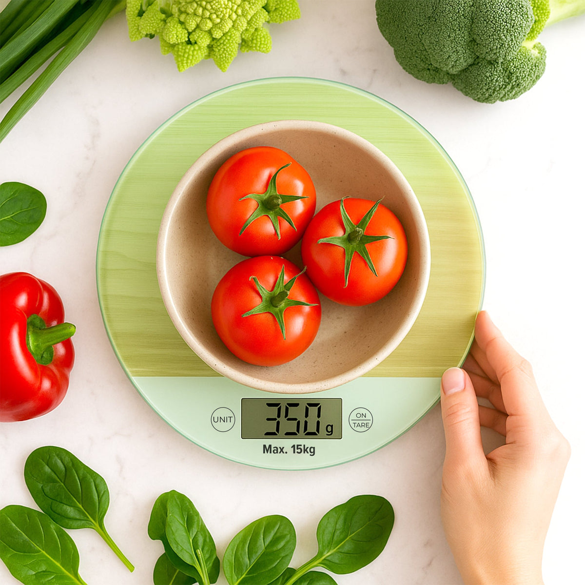 Round Digital Kitchen Scale – Chequerboard or Light Green, 15 kg, 1 g - photo 9