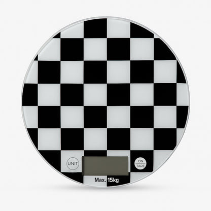 Round Digital Kitchen Scale – Chequerboard or Light Green, 15 kg, 1 g - Black & White Chequerboard
