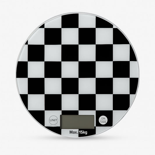 Round Digital Kitchen Scale – Chequerboard or Light Green, 15 kg, 1 g - Black & White Chequerboard