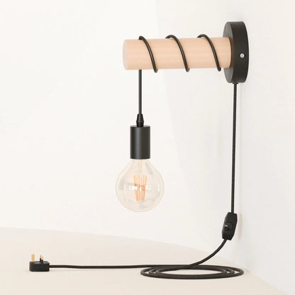 Wood Log Wall Light with Hanging E27 Holder – Hardwired or Plug-In - Black, Plug-in with Rod, 4 m Dimmer Cord, Without Bulb