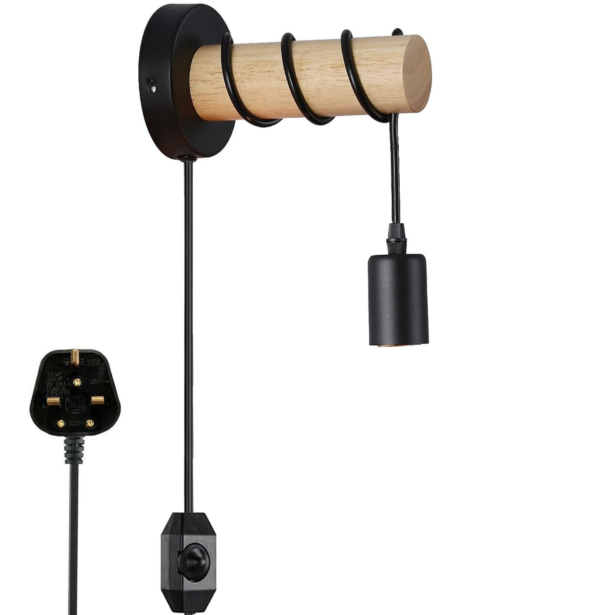 Wood Log Wall Light with Hanging E27 Holder – Hardwired or Plug-In - Black, Plug-in, 4 m Dimmer Cord, Without Bulb
