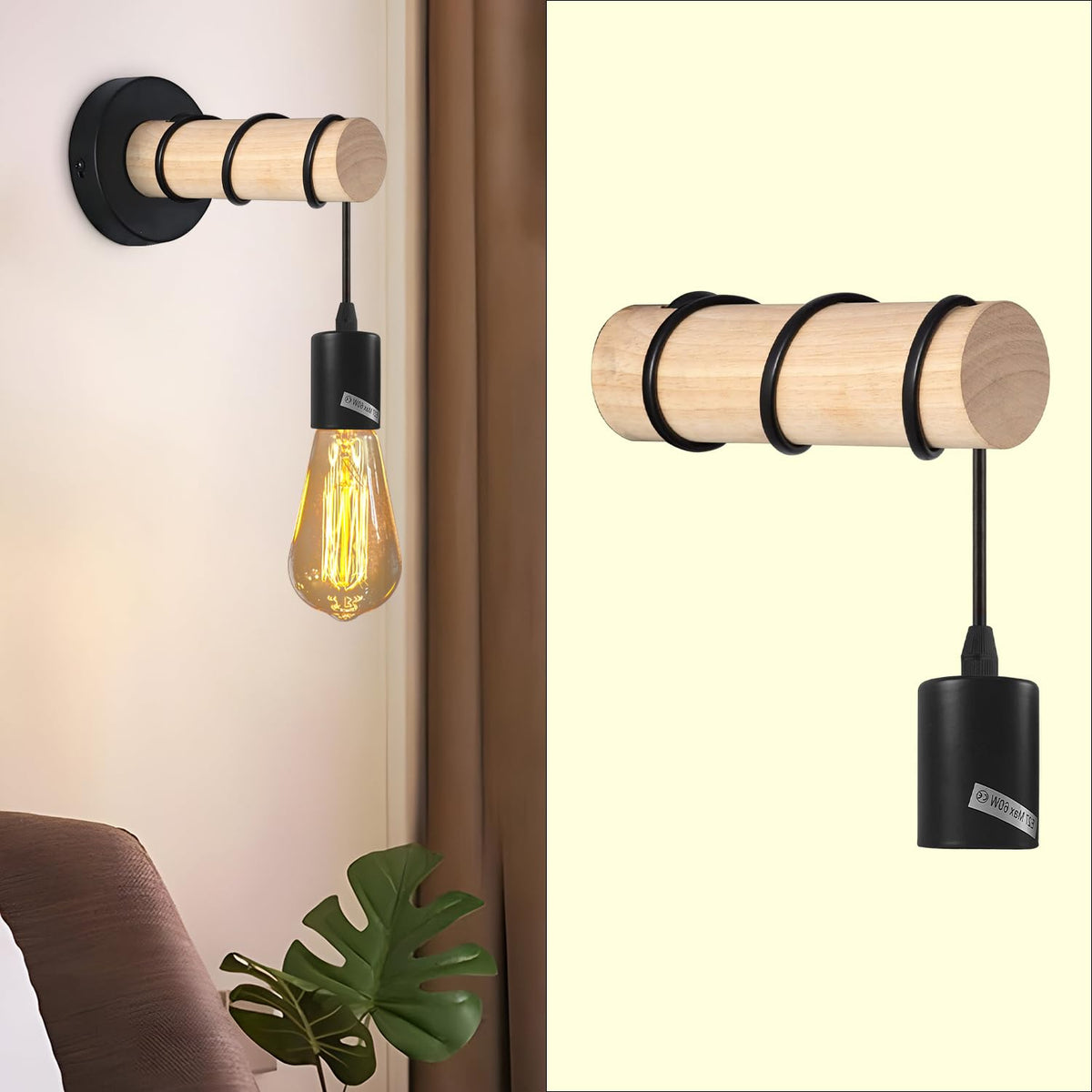 Wood Log Wall Light with Hanging E27 Holder – Hardwired or Plug-In - Black, Hardwired, Without Bulb
