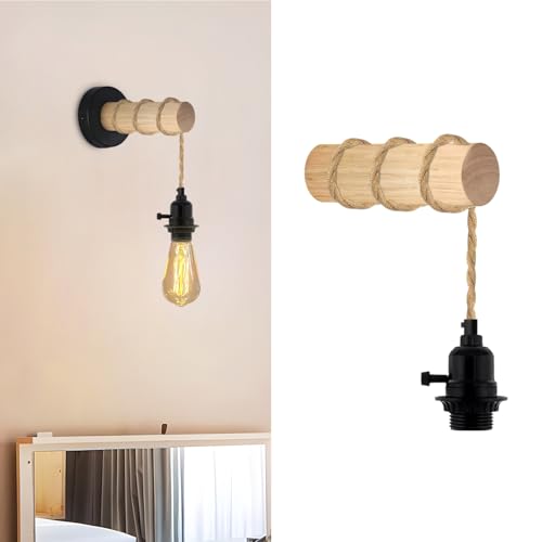 Wood Log Wall Light with Hanging E27 Holder – Hardwired or Plug-In