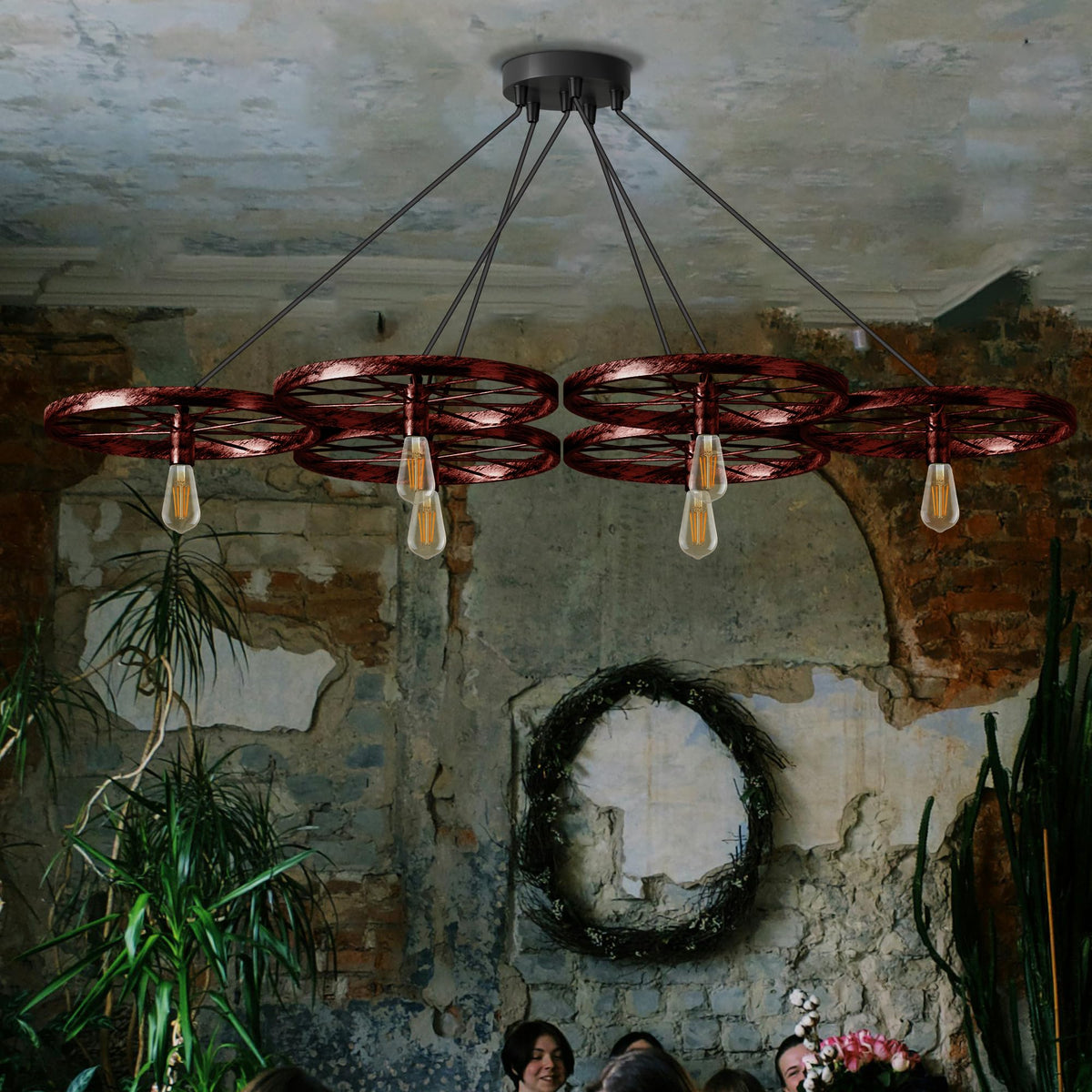 Wagon Wheel Chandelier – 6 Lights, Brushed Copper, Silver or Rustic Red, E27 - photo 5