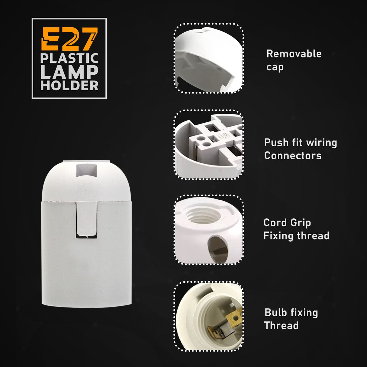 Plastic E27 Lamp Holder – Black or White, Push-Fit Wiring - Pack of 2, Standard, White